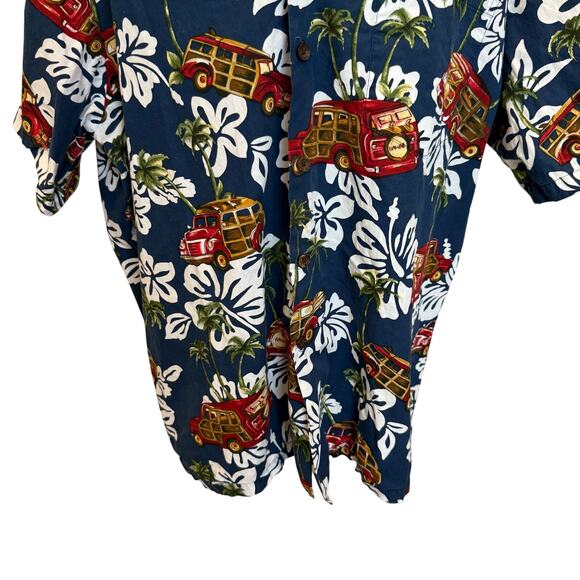 Vintage RJC Hawaiian Shirt Men's XL Navy Multi Floral Bus Vehicles Made in USA - Picture 3 of 10